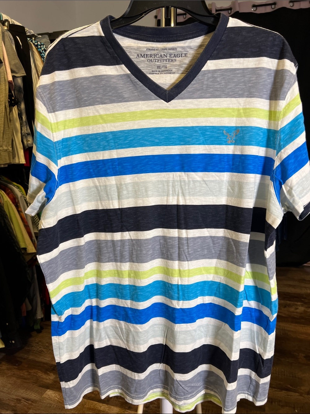 American Eagle Outfitters Men’s Blue, Gray & Lime Striped V‑Neck Tee